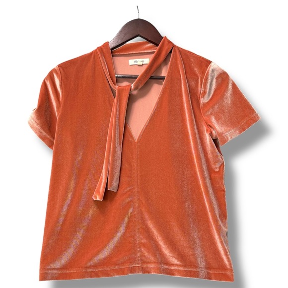 Madewell Tops - Madewell Velvet Tie Neck Blouse Small‎ Orange Short Sleeve Retro Fall Top